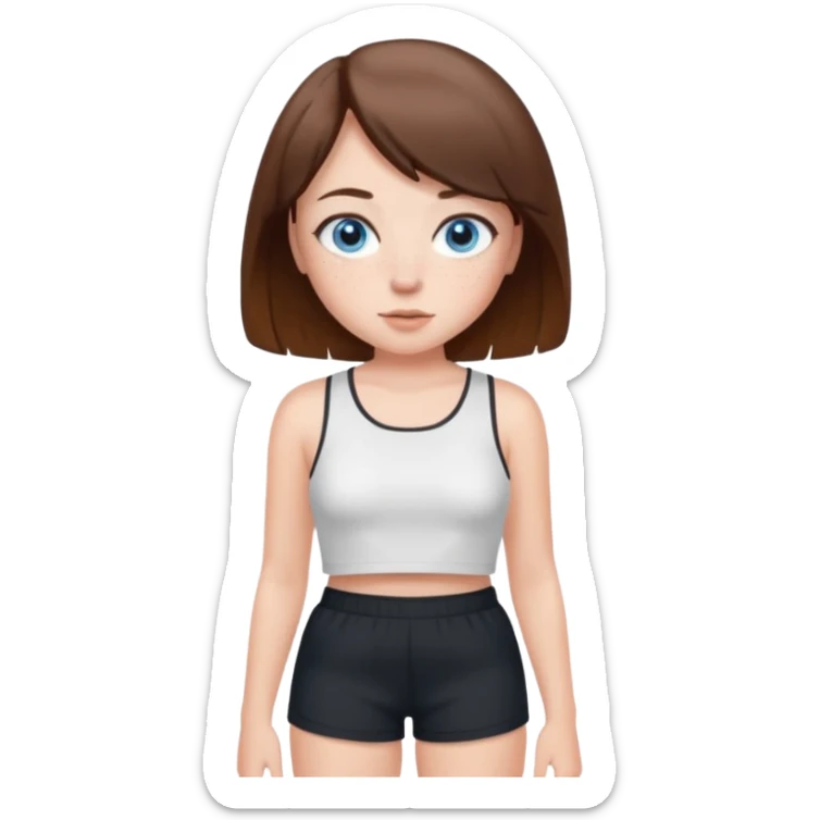 Brown haired girl with bob and blue eyes and freckles and white crop top and black shorts sticker