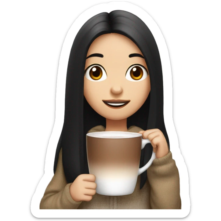 girl with black straight hair drinking hot cocoa, centre part, white face sticker
