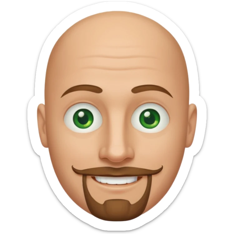 white caucasian bald man's face, with brown goatee and green eyes, oval face, rounded, big sticker