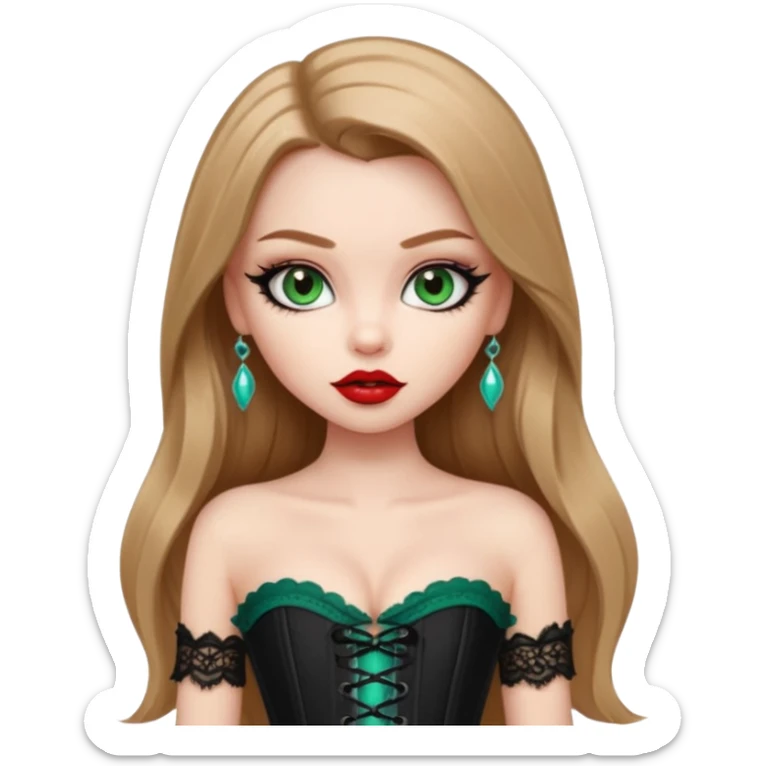 pretty bratz girl, long straight LIGHT BROWN HAIR, jade green eyes, black eyeliner, pale skin, black corset clothes with laces sticker