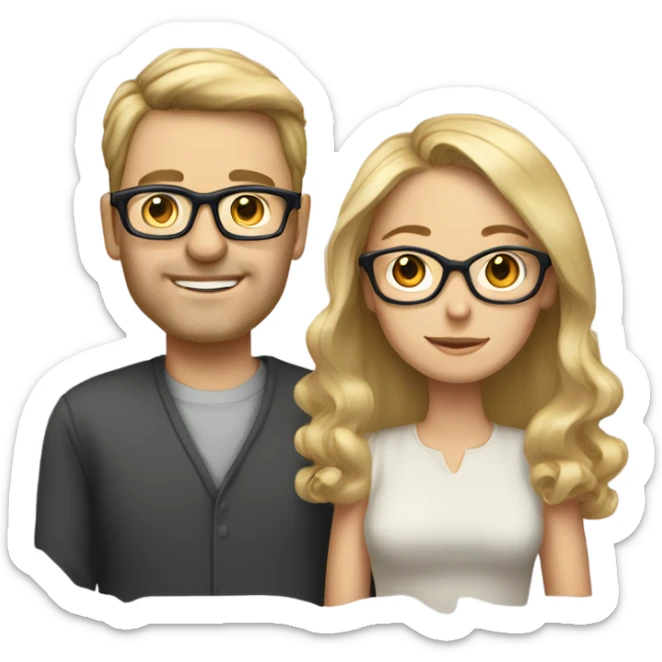Woman with long brunette hair in 30s with husband who has blonde short hair, and glasses sticker