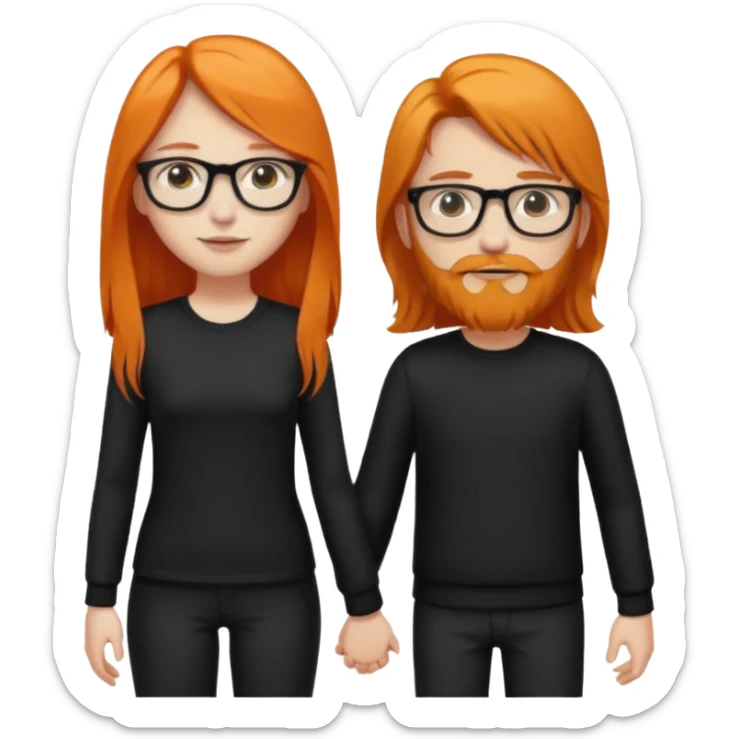 girl with long orange hair wearing no glasses and all black clothes and holding hands with boy with black hair and beard and glasses and pale skin sticker