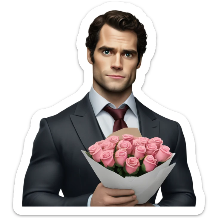 realistic photo of Henry Cavill holding roses and chocolates sticker