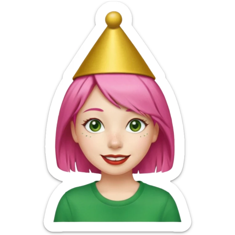 Create a girl with pink hair and green eyes with long eyelashes and a smiley face. She has freckles in her face and a lit of bit of lipstick on her mouth, she’s also got gold birthday hat on her head with gold pom poms on top of it, and her T-shirt is red sticker