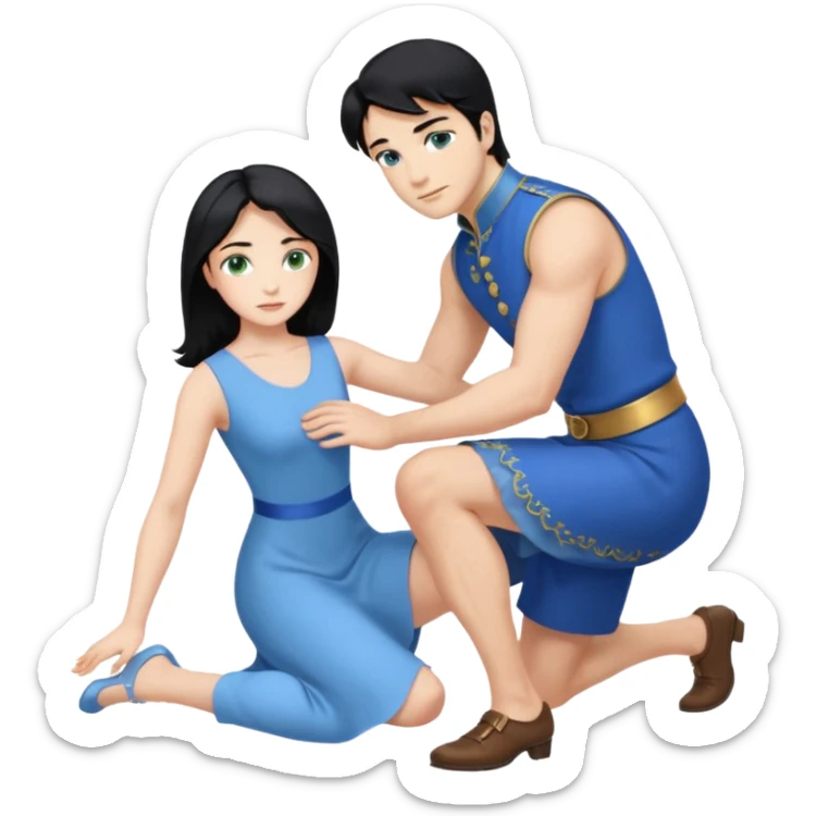 prince, upright, black Hair, blue eyes, blue garment,  Woman, blonde Hair, Green eyes, bending knee, sleveless, white Dress, sticker