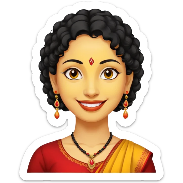 "- Phụ nữ
- 35 tuổi
- Da vàng
- Tóc đen xoăn nhẹ
- Có chấm đỏ Bindi, đeo khuyên tai
- Mặt cười
" sticker