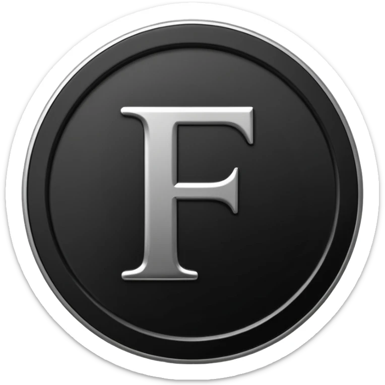 Emoji icon of a black coin with engraved letter F, minimalist style, isolated, no color sticker