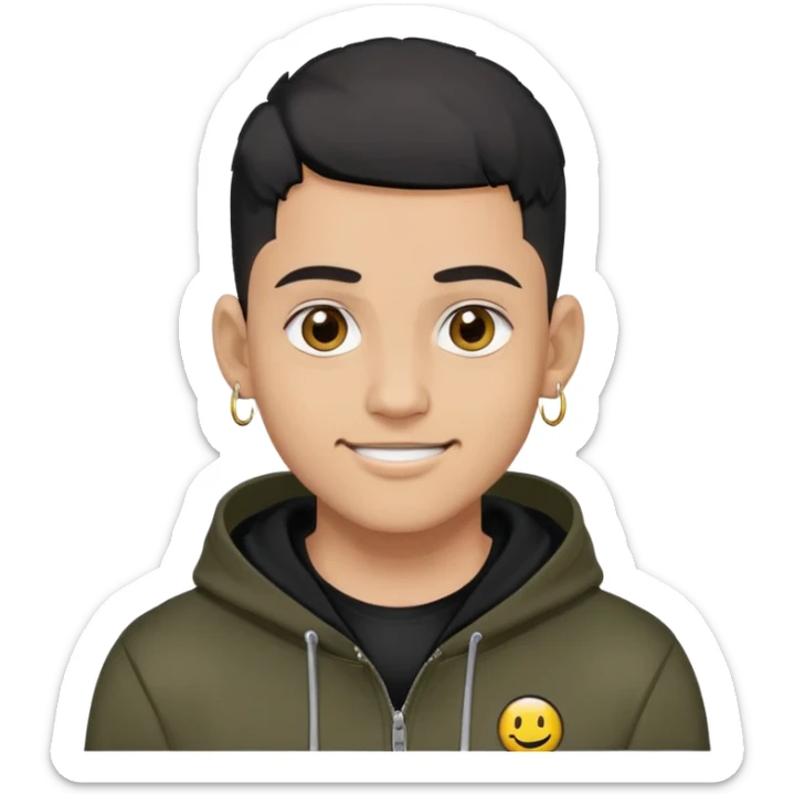 man with black military haircut, brown eyes, wearing 2 circle earrings and a black hoodie with a smiley face sticker