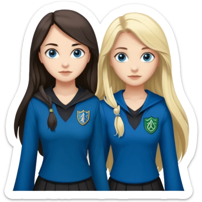 a pretty ravenclaw girl with long dark brown hair and blue eyes standing with a hot Slytherin girl with long blonde hair, blue eyes and big boobs  sticker