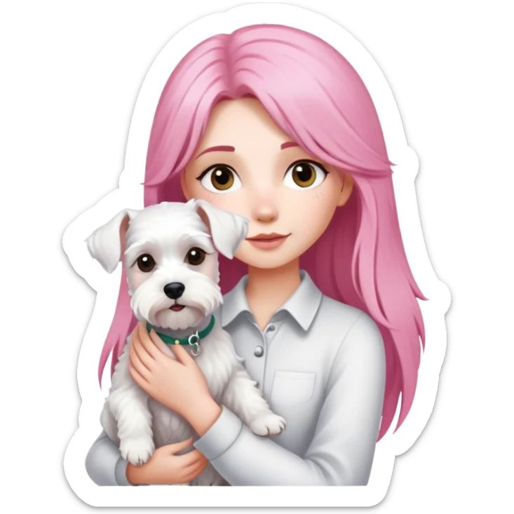 Girl with long pink hair holding a white schnauzer dog sticker