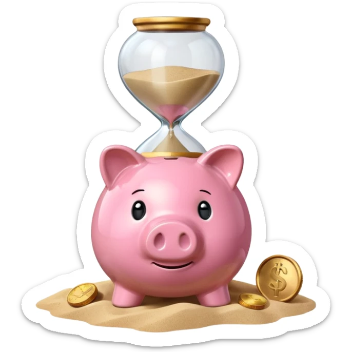 A piggy bank with a coin and an hourglass ⏳ beside it, symbolizing saving over time for retirement. sticker