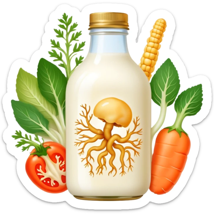 Probiotic foods (yogurt, kefir, kombucha bottle, miso, kimchi, sauerkraut) surrounding a glowing intestinal system. Tiny beneficial bacteria represented as golden particles flow between the foods and the intestine, creating a garden-like ecosystem of inner harmony and health. sticker