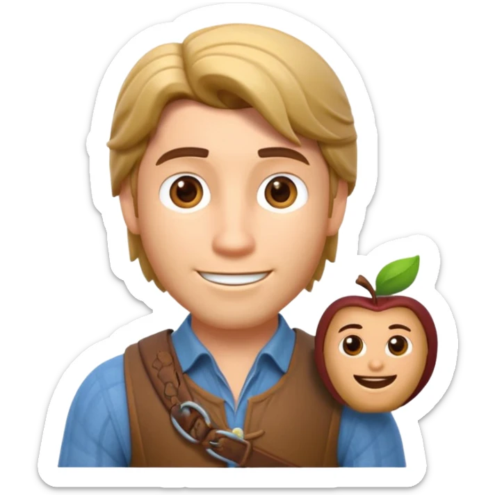 Crie um emoji 3D estilo Apple inspirado no personagem Flynn Rider (José) de Enrolados: pele clara, cabelo castanho, sorriso charmoso, sobrancelha arqueada, expressão confiante e divertida sticker