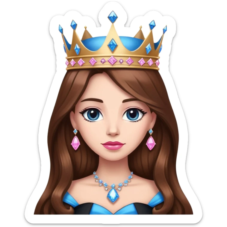 Queen, brown long hair, big crown with pink diamonds, black dress with blue diamonds sticker