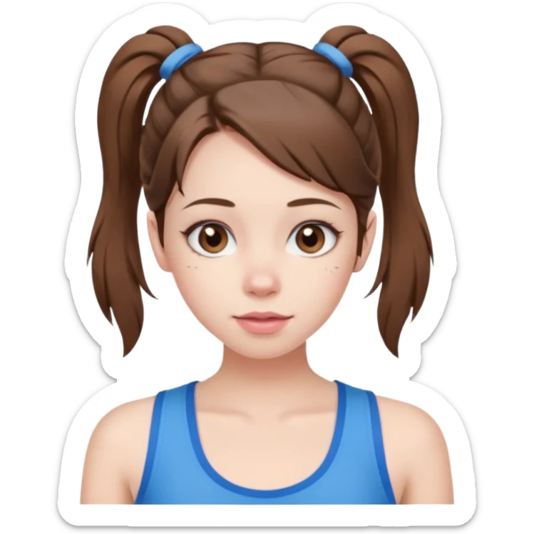 create an emoji of a young woman. She has a nice look, with mid-long brown hair and pigtails, brown eyes, pale skin, natural soft pink lips. she wears a blue tank top with a v opening sticker