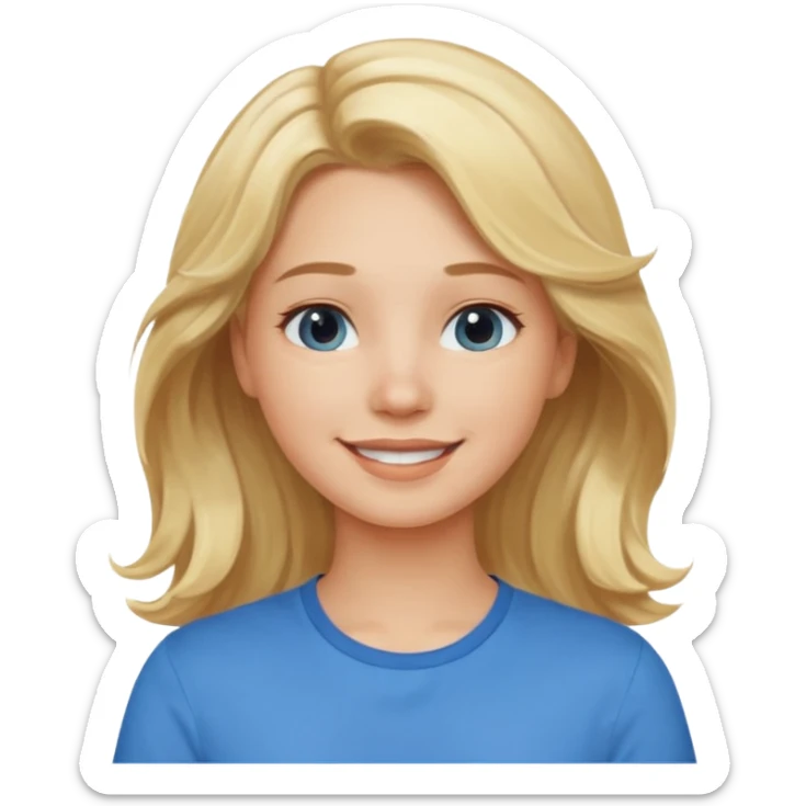 Happy blond girl with light weavy hair with a blue shirt but we can see only her face and neck and the top of the t shirt, no whole body sticker