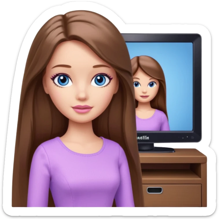 beautiful barbie girl with long brown hair, blue eyes and wearing light purple clothes watching netflix on tv sticker
