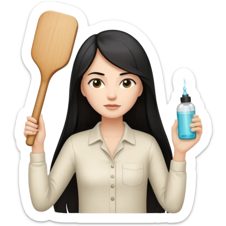 A white woman with long, straight black hair, wearing an ivory-colored shirt, holding a small square wooden paddle hairbrush in her left hand and spraying a hair mist bottle with her right hand toward her hair. sticker