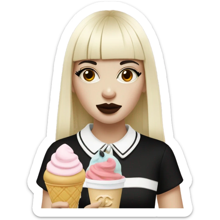 Portrait Girl wearing chanel pale skin with long black  bangs eating icecream  sticker
