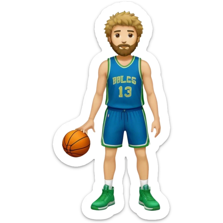 full body wHITE MAN WITH GOLD TEE BEARD  SHAGGY HAIR BASKETBALL PLAYER WEARING BLUE AND GREEN UNIFORM sticker