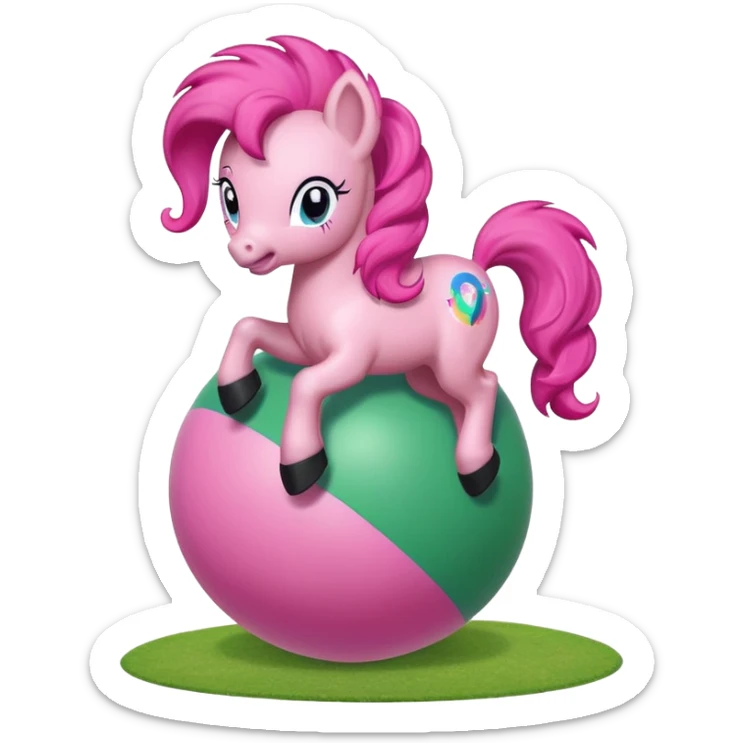 Pinkie Pie pony from My Little Pony happily bouncing on a big colorful ball, cartoon style, bright colors, cheerful expression, background with green meadow or playground sticker