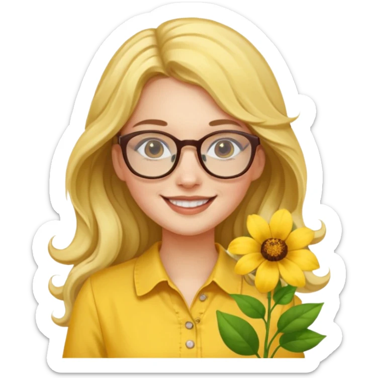 girl with a yellow blouse with flowers, with hair long hair in waves with glasses smiling sticker