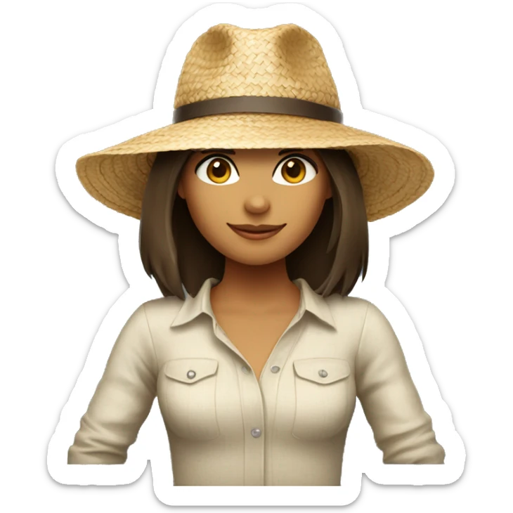 Brunette girl with shoulder length hair wearing straw hat sticker