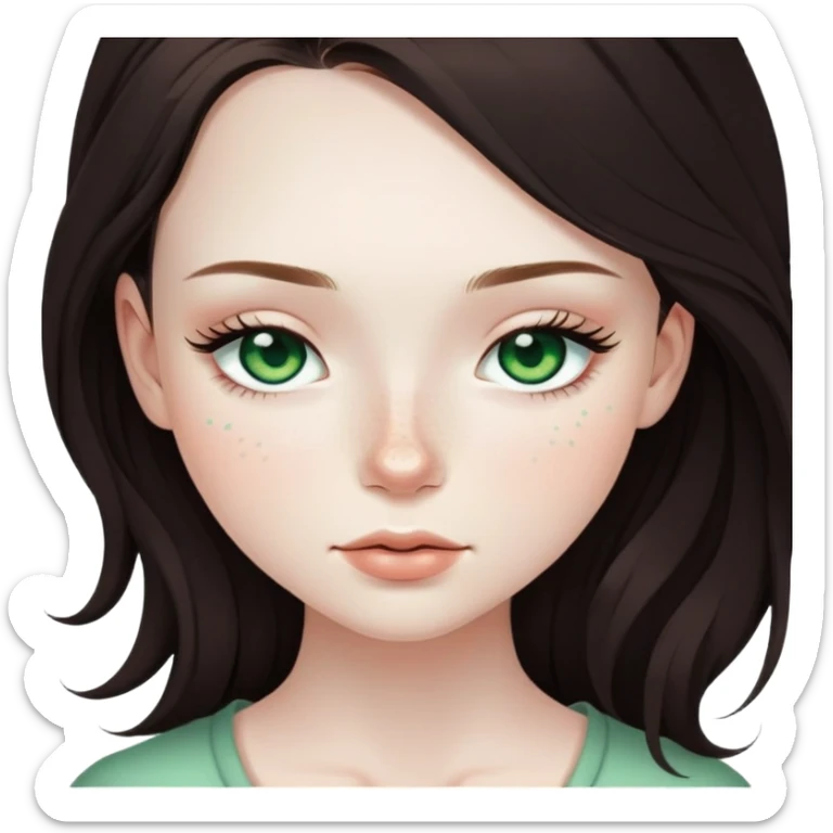 pretty girl with pale skin, freckles, green eyes, long lashes, dark brown long hair with closed eyes sticker