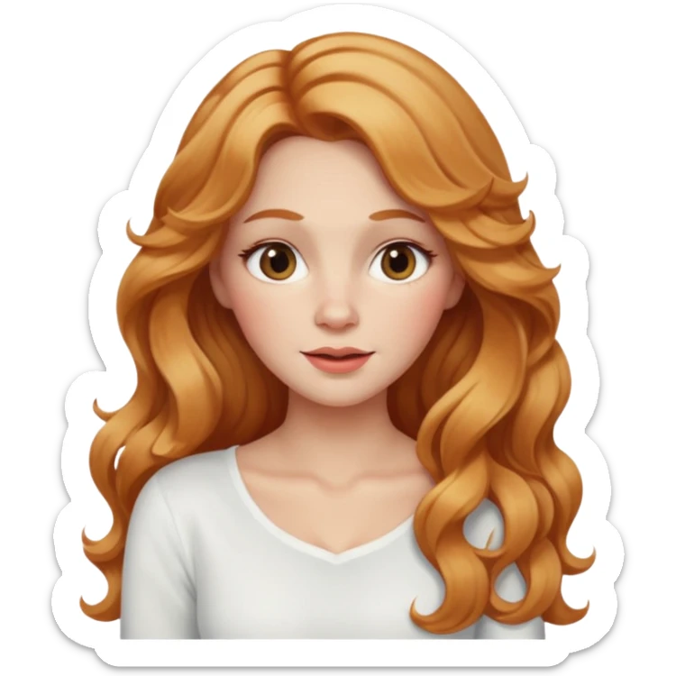 white adult woman with strawberry blonde super long wavy hair, white top, blushed cheeks sticker