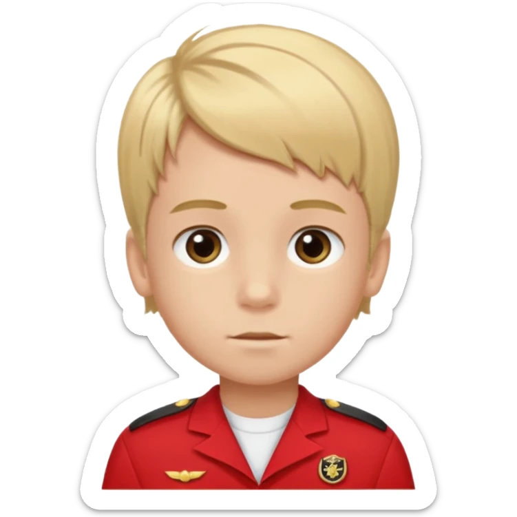 SARI SAÇLI SAÇININ YARISI SOLA DOĞRU DİĞERİNİN SAĞ TARAFTA AMA DÜZ DURAN KAHVERENGİ GÖZLÜ UZUN KİRPİKLİ BUĞDAY RENKLİ KIRMIZI ÜNİFORMALI BİR ERKEK ÇOCUK sticker