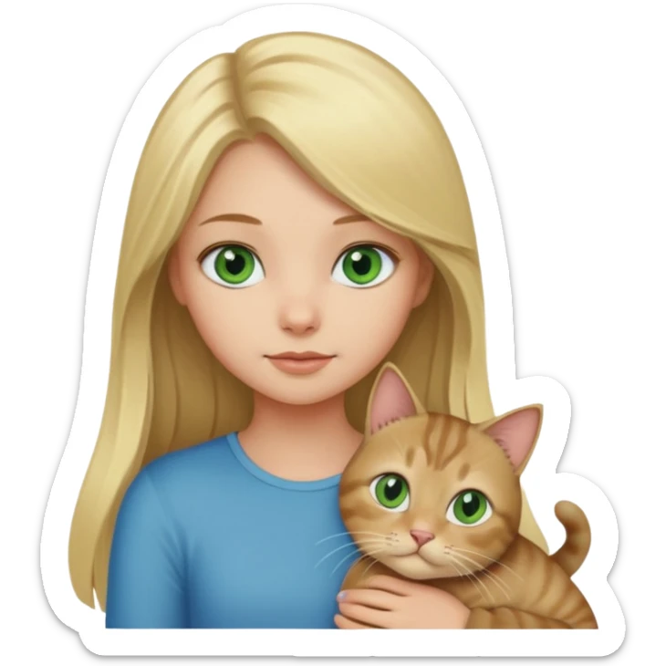 blonde girl with long blonde hair and blue eyes with tabby brown cat with green eyes and chubby gray cat with big green eyes sticker