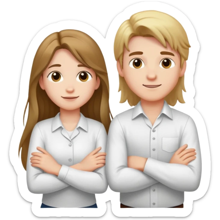 A boy in a white shirt and a girl with long hair crossed their arms over their chests - with happy faces sticker