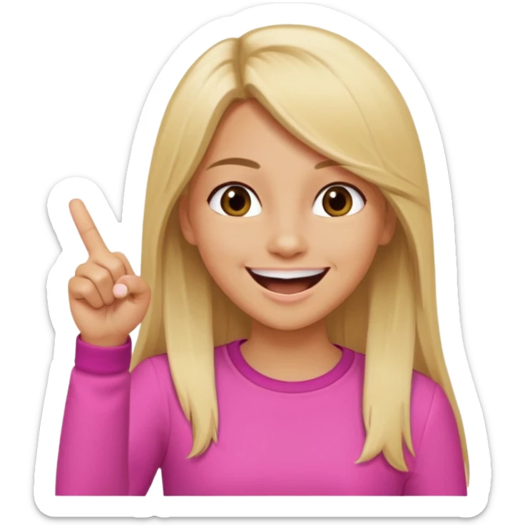 blonde tan girl with long straight hair brown eyes laughing and pointing forward with one fringer  wearing oink  sticker