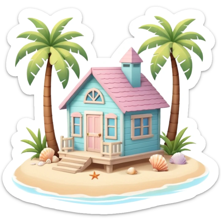 cute beach house, small seaside house, wooden walls, pastel colors, palm trees, seashells, warm sunlight, 3D cartoon, mobile game icon style, soft shadows, clean background, no text, no watermark
 sticker