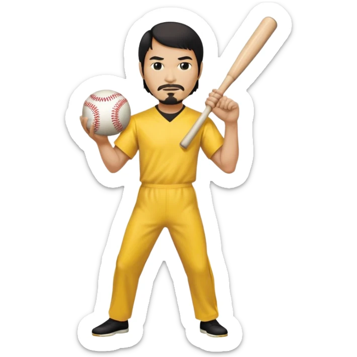 Steve Jobs wearing Bruce Lee's yellow jumpsuit, holding a baseball bat and ball sticker