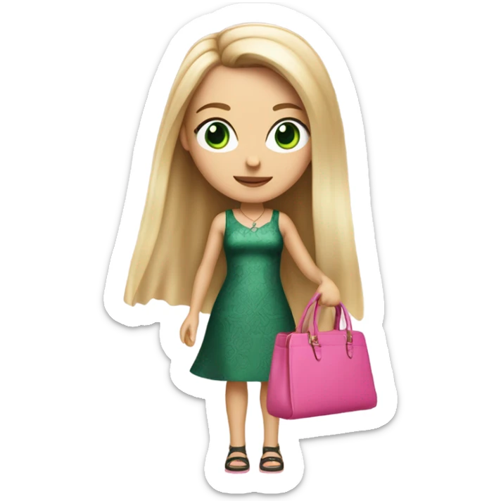 Realistic White girl with Long straight blonde hair and green eyes, tattoos, full body wearing pink dress, holding pink handbag sticker
