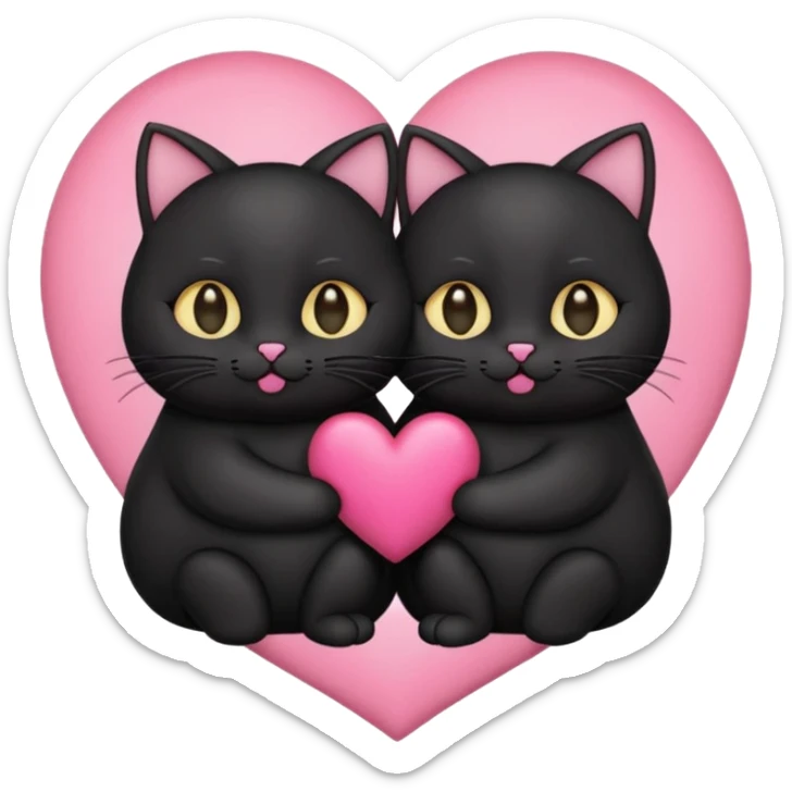 two fat cute black cats love, pink heart, closed mouth, black ears sticker