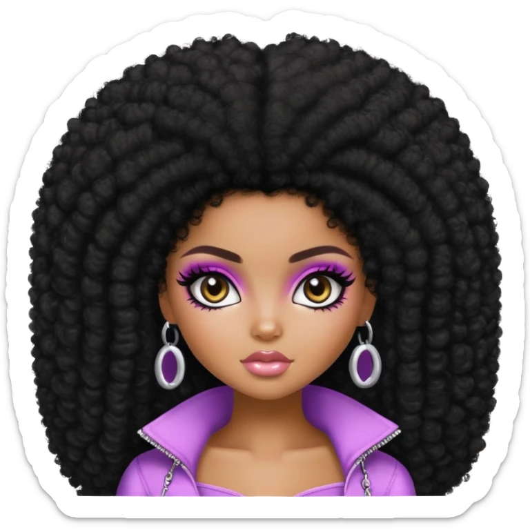pretty bratz girl, dark black big afro, dark brown eyes, y2k fashion, black eye liner, dark black skin sticker