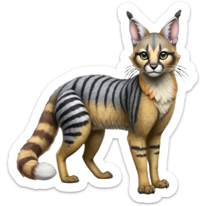 Colorful dark black gloomy spooky pointy foggy smoky points-marked glorious hyper-realistic exotic cute cool beautiful beautiful fantasy-caracal-civet-genet-sergal-vernid-Cacomistle-Trico-oncilla-animal-Fakémon-hybrid-fursona (full body) sticker