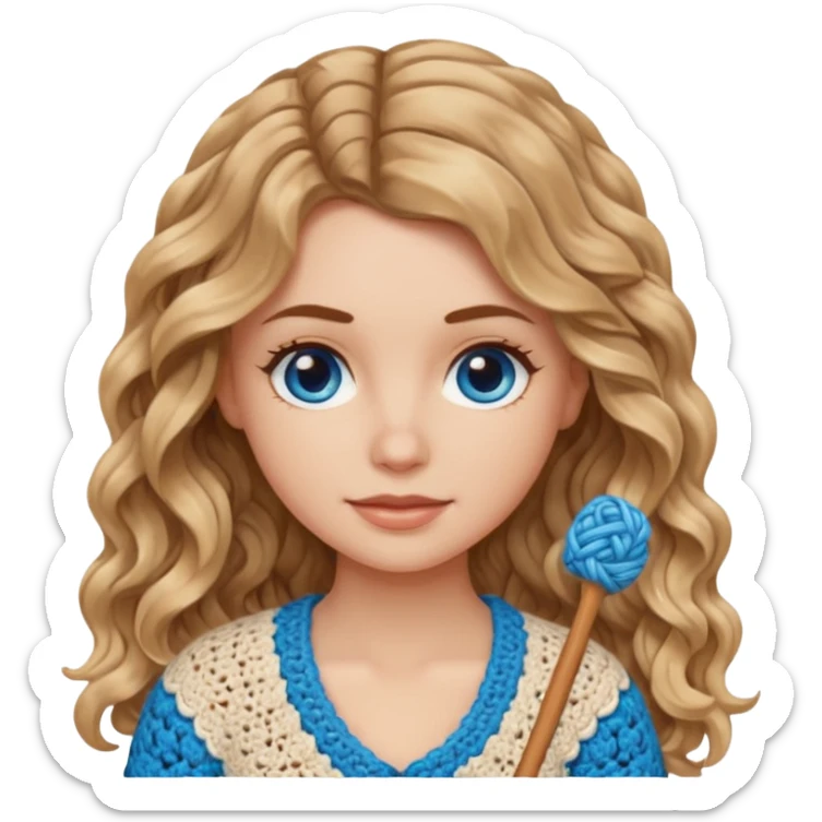 White Girl with long light brown slightly blonde ish naturally wavy hair and blue eyes who likes crocheting sticker