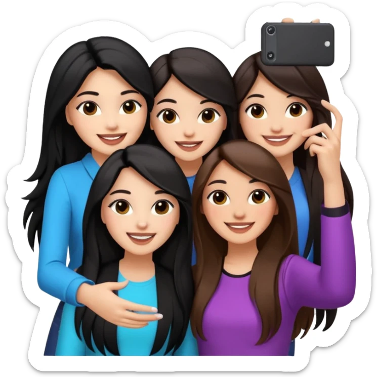 3 girl friends, one with black long hair light skin. one with brown hair long and the last girl one with black with brown medium length hair. Glammed up and hugging  and one talking a selfie and all of them smiling and looking girly all same skin tone  sticker