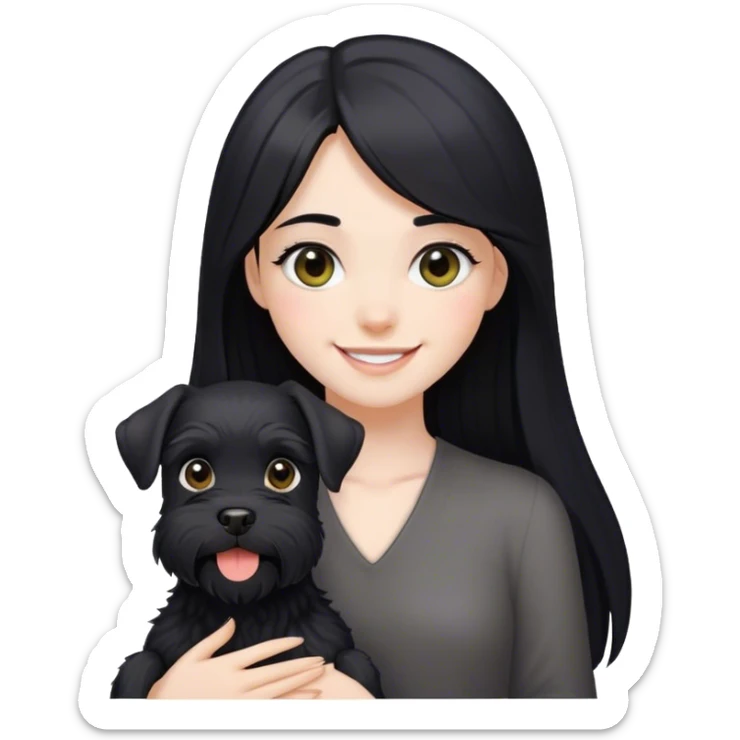 pale girl smiling with light eyes and long black hair and smiling black schnauzer sticker