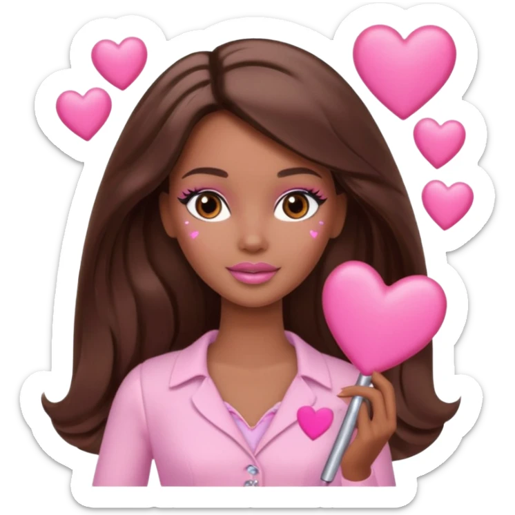 Barbie girl and  makeup , brown long straight wavy hair and brown eyes is In pale pink clothes There are pink hearts all around sticker