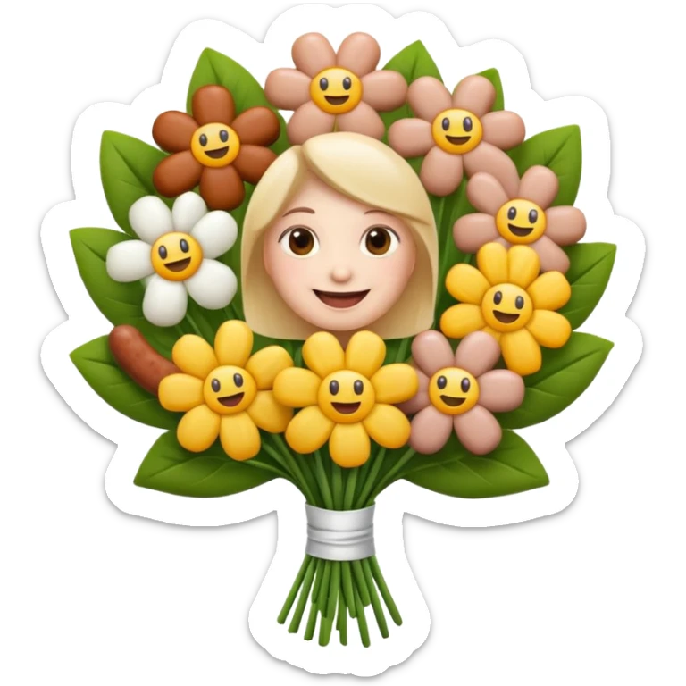 Make emoji flower bouqet from base sausage, holding bouqet white color sticker