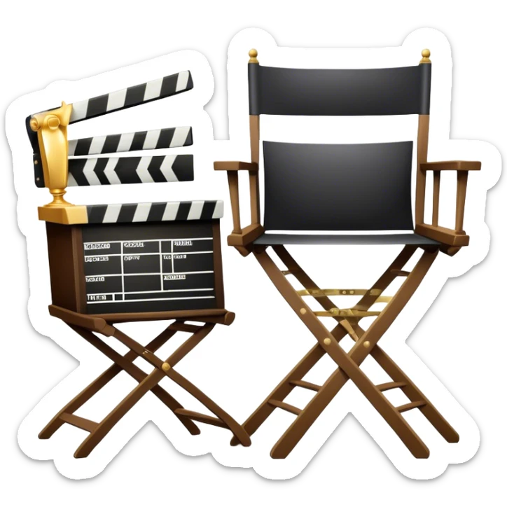 Icon for Directing: a director's chair, a film slate, a megaphone, a stage set with lights and an Oscar statuette. The icon should represent the creative and leadership aspects of directing, with focus on film and theater production. Transparent background. sticker