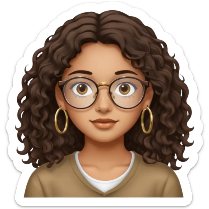 Make a girl with dark brown wavy hair and brown eyes she's tan latina and she has clear glasses and small hold hoop earings sticker