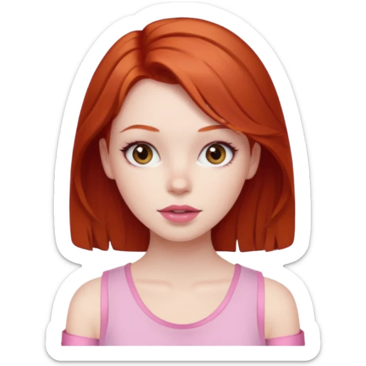 Redhead girl with deep brown eyes, pale skin with light red lips wearing a pink strap shirt sticker