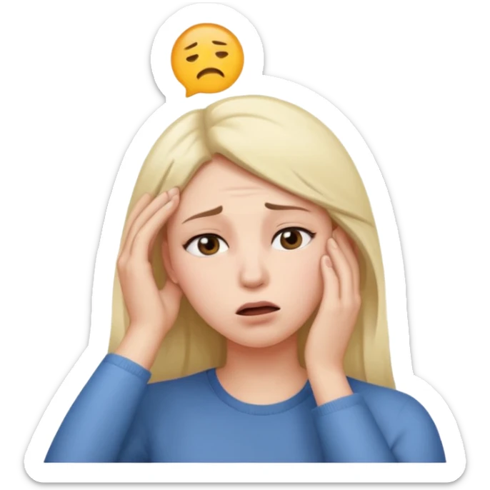 woman sighing, hand on head, tired expression, white breath coming from mouth, iPhone emoji style sticker