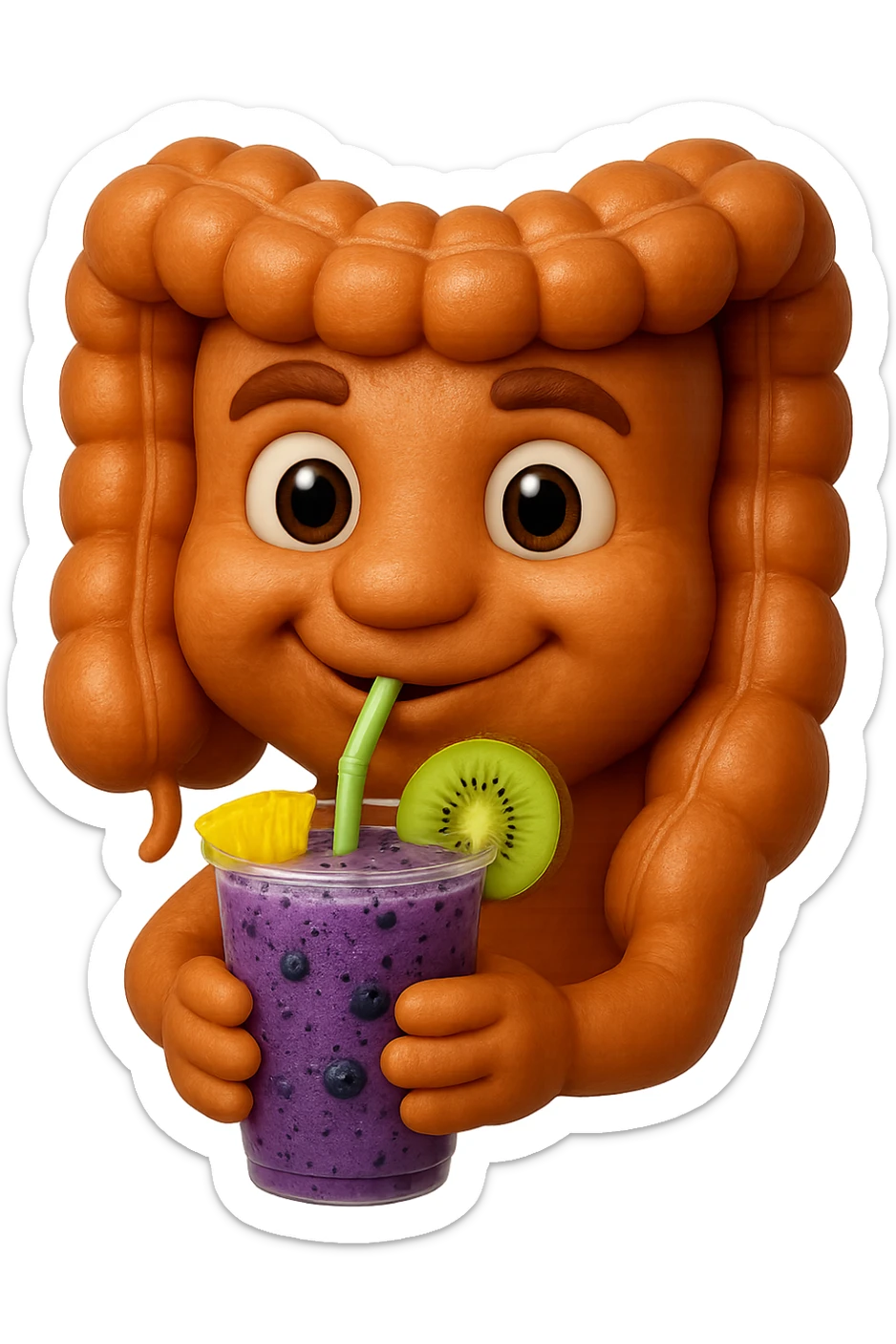 EMOJI STILE IPHONE DI un intestino umano anatomico che beve un frullato di mirtilli, ananas, kiwi, fagli anche la parte bianca degli occhi, non solo le pupille, REALISTICo 4K sticker