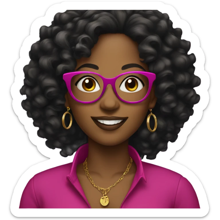 black women with earrings with fuchsia glasses with long black curly hair happy sticker